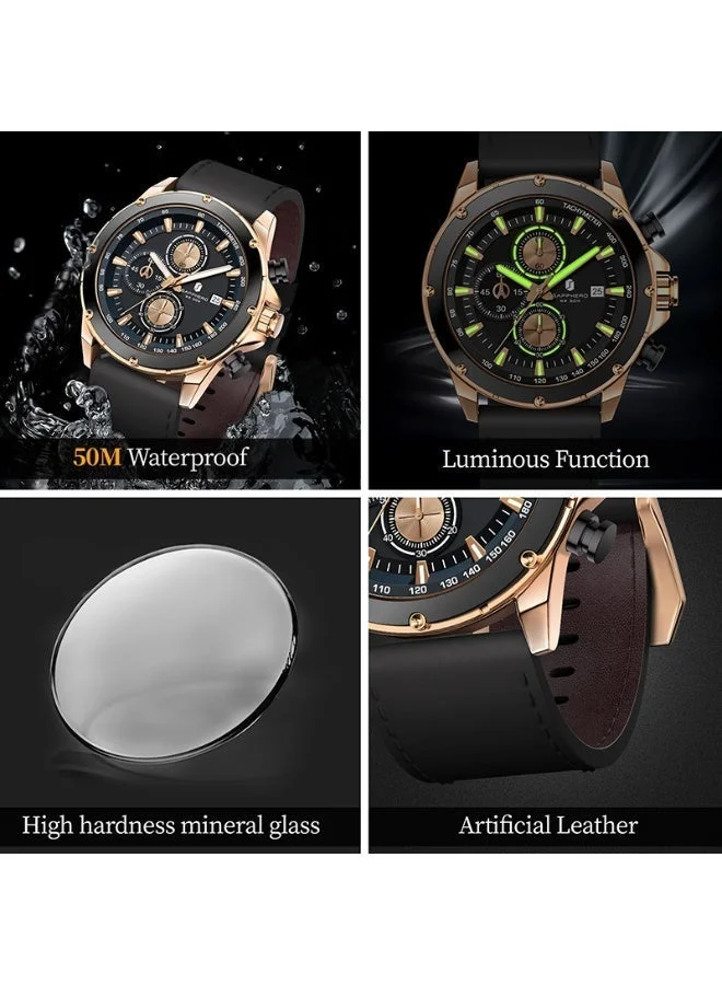 Sapphero  Sapphero Watches Men's  Waterproof Men's Watch Men's Watches Chronograph Black/Blue Leather Silver/Black/Rose Gold Case Black/Blue Dial/Birthday/Father's Day Gift for Men | Best Price UAE
