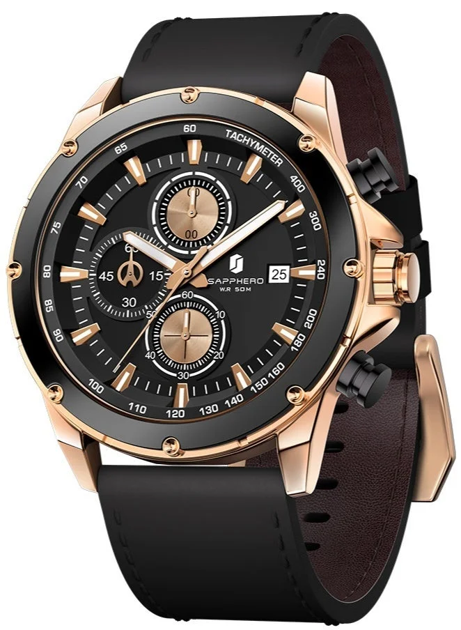 Sapphero Sapphero Watches Men's  Waterproof Men's Watch Men's Watches Chronograph Black/Blue Leather Silver/Black/Rose Gold Case Black/Blue Dial/Birthday/Father's Day Gift