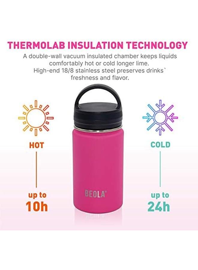 بيولا زجاجة مياه للأطفال 350 مل 18 8 من الفولاذ المقاوم للصدأ 304 زجاجة ترمس معزولة بجدار مزدوج مع غطاء من القش وفم واسع، غطاءان متضمنان زجاجة رياضية للسوائل الباردة الساخنة 12 أونصة باللون الوردي العميق - Image 4