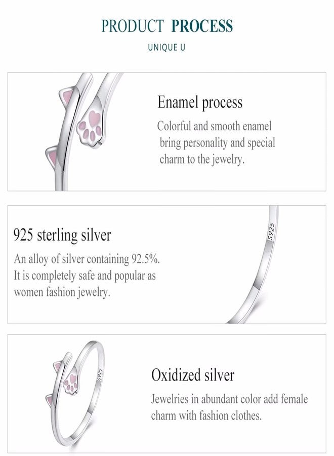 Qings Cute Cat Ring 925 Sterling Silver Enamel Open Ring, Adjustable Animal Wrap Ring Jewelry Gift for Women - Image 4