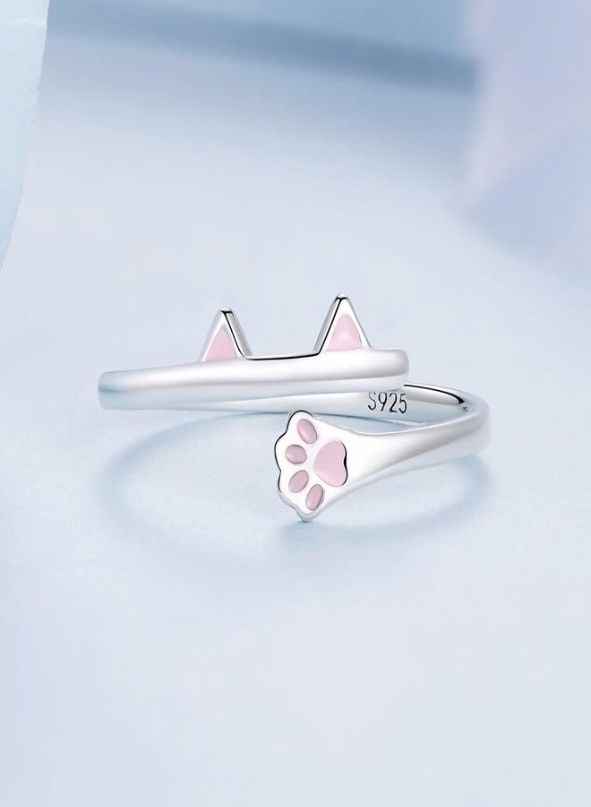 Qings Cute Cat Ring 925 Sterling Silver Enamel Open Ring, Adjustable Animal Wrap Ring Jewelry Gift for Women - Image 3
