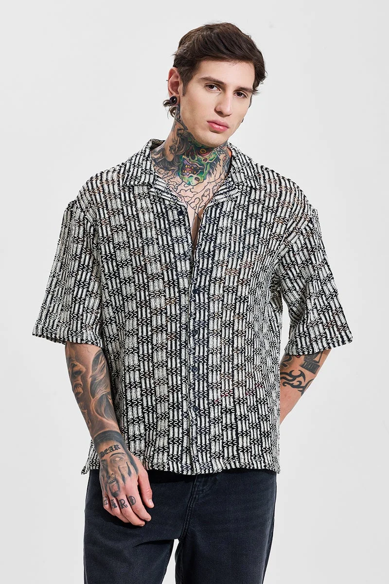 SNITCH Cream Stripes Oversized Fit Crochet Shirt
