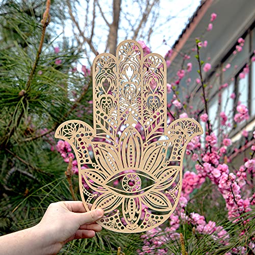 Fourth Level Manufacturing Fourth Level MFG 14" Hamsa, Sacred Geometry Wood Wall Art, Zen Home Decor for Yoga and Meditation, Chakra Crystal Grid Board, Good Energy Spiritual Altar Decoration, Evil Eye Protection - Image 2