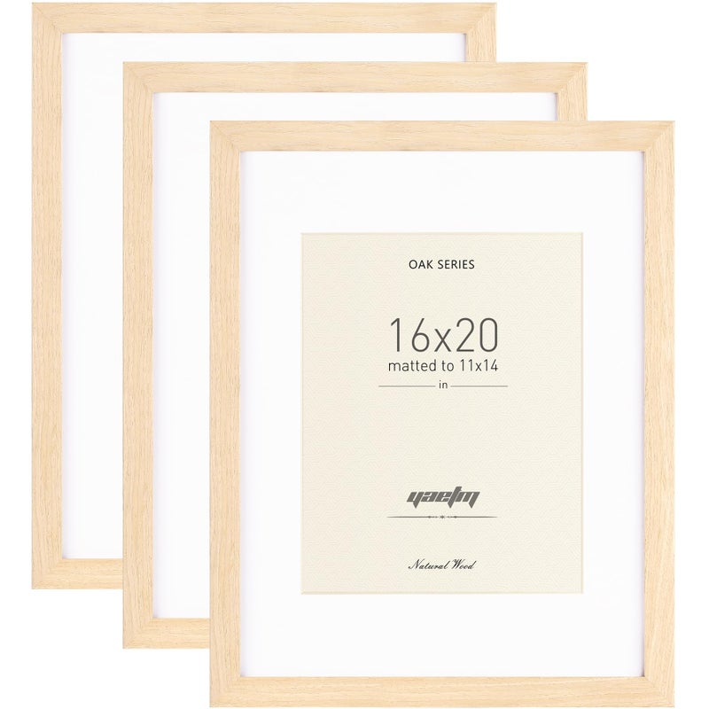 Yaetm Oak Wood 16x20 Frame with Mat for 11x14 Set of 3 Natural Solid Wood 16x20 Picture Frame Wide Molding Wall Decor for Office Gallery  Home 3 pack Oak