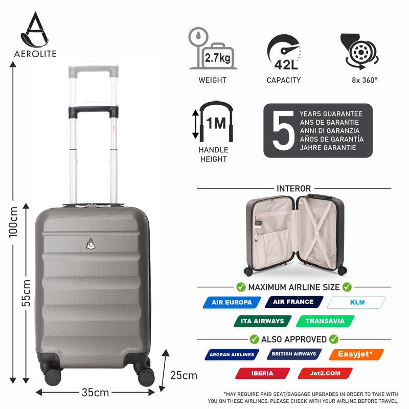 Aerolite 55x35x25 Hard Shell Carry On Hand Cabin Luggage Suitcase with 4 Wheels, Max Size for Air Europa Air France Alitalia KLM & Transavia, Charcoal - Image 2