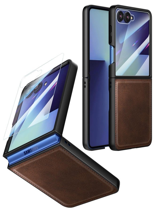 Foluu Leather Case for Samsung Galaxy Z Flip 7 with Front Built-in Screen Protector, PU Leather + Hard PC Shell Ultra Thin Slim Durable Protective Phone Cover for Galaxy Z Flip7 5G 2025 (Brown) - Image 1