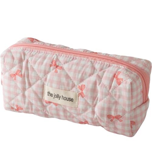Carry bloom Pencil Pouch Cute Pencil Case for Girls Aesthetic Pencil Bag with Zipper Pen Cases School Supplies Makeup Bag (Checkered bow pink) - Image 2