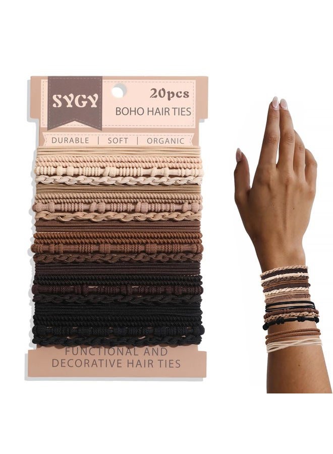 SYGY 20 PCS Hair Ties for Women, 5 Neutral Colors Boho Hair Ties for Thick or Thin Hair, 4 Styles Hair Ties for Ponytail Holders, 2.36'' Cute Hair Bands Bracelets for Girls, No Damage Brown Hair Ties - Image 1