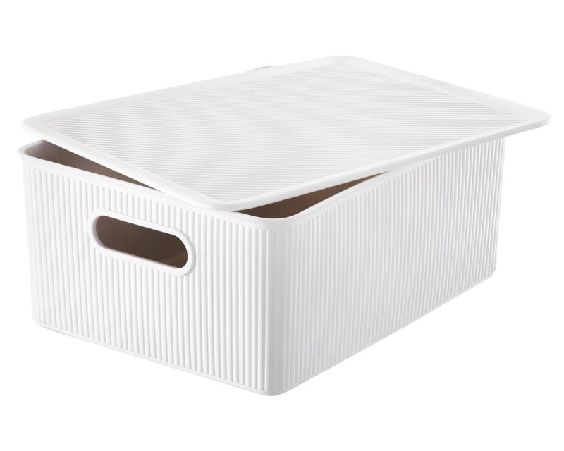 Superio Ribbed Collection  Decorative Plastic Lidded Home Storage Bins Organizer Baskets Large White 1 Pack  15 Liter Stackable Container Box for Organizing Closet Shelves Drawer Shelf
