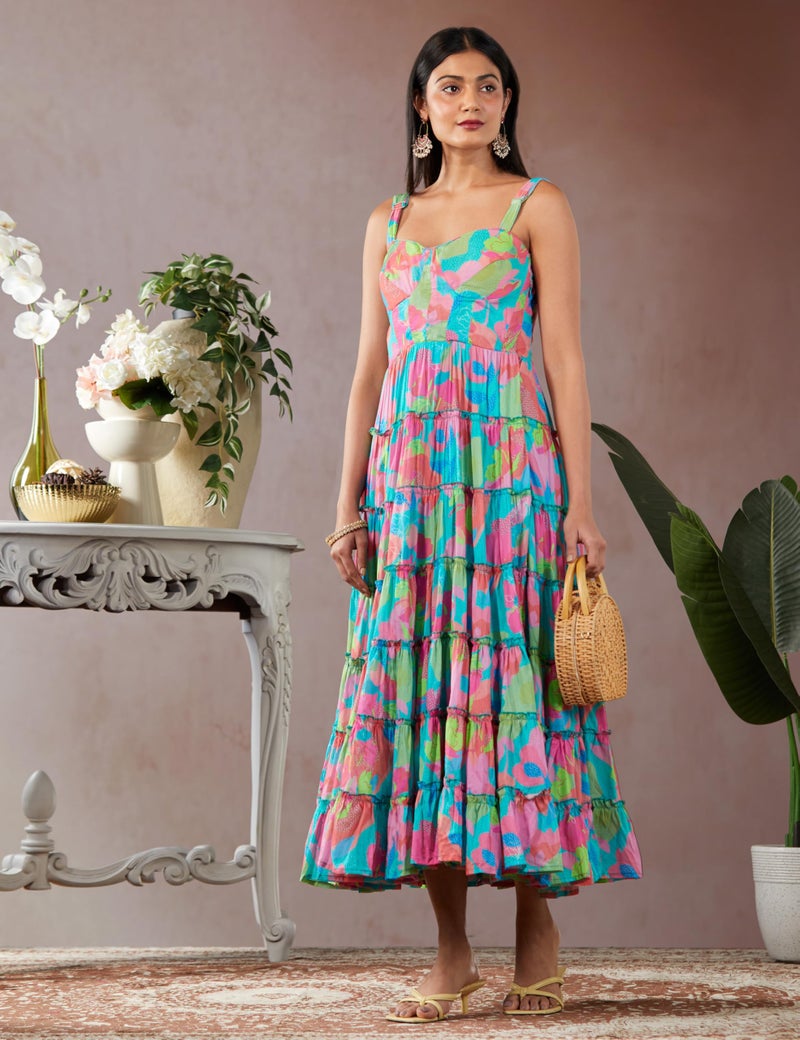 Biba Women Turquoise Cotton Floral Printed Tiered Dress_40 - Image 2