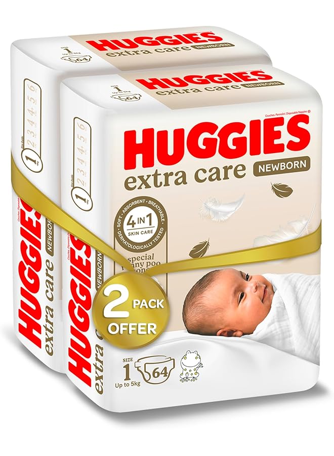 HUGGIES Extra Care Newborn Size 1 Up To 5 Kg Twin Jumbo Pack 128 Diapers (Pack Of 2) - Image 2
