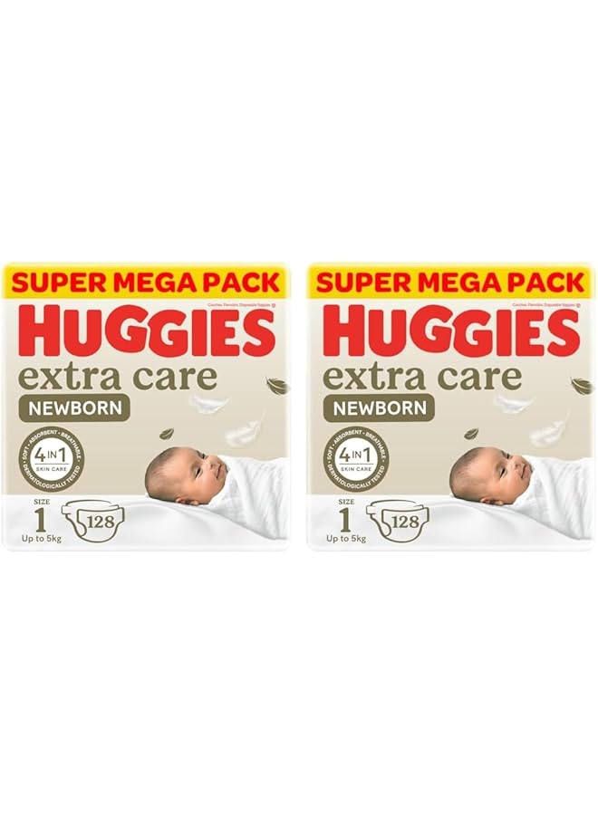 HUGGIES Extra Care Newborn Size 1 Up To 5 Kg Twin Jumbo Pack 128 Diapers (Pack Of 2) - Image 1