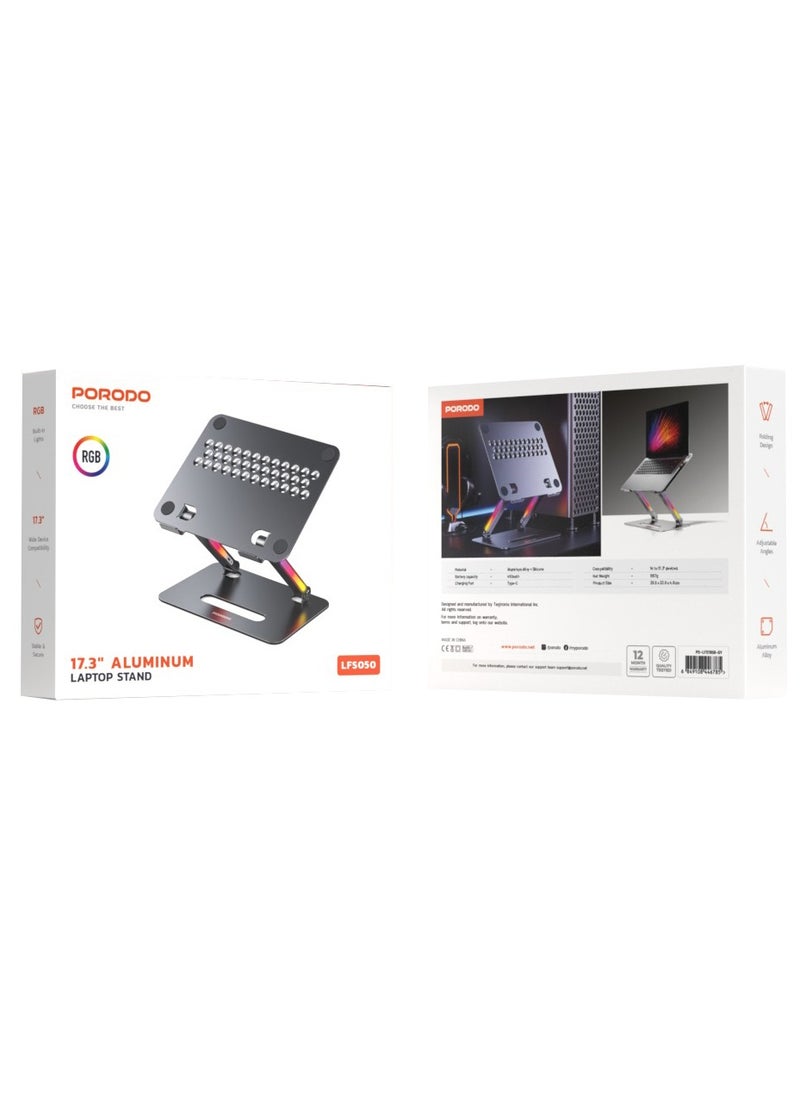 17.3" Aluminum Alloy Laptop Stand / Adjustable & Foldable Laptop Bracket with LED Light / Stable & Secure / Folding Design - Grey
