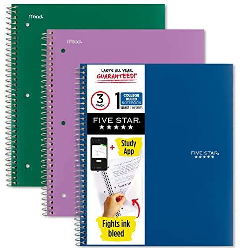 Five Star Spiral Notebooks with Pockets + Study App, 3 Pack, 1-Subject, College Ruled Paper, 11” x 8-1/2", 100 Sheets, Forest Green, Amethyst Purple and Pacific Blue (38456) - Image 1