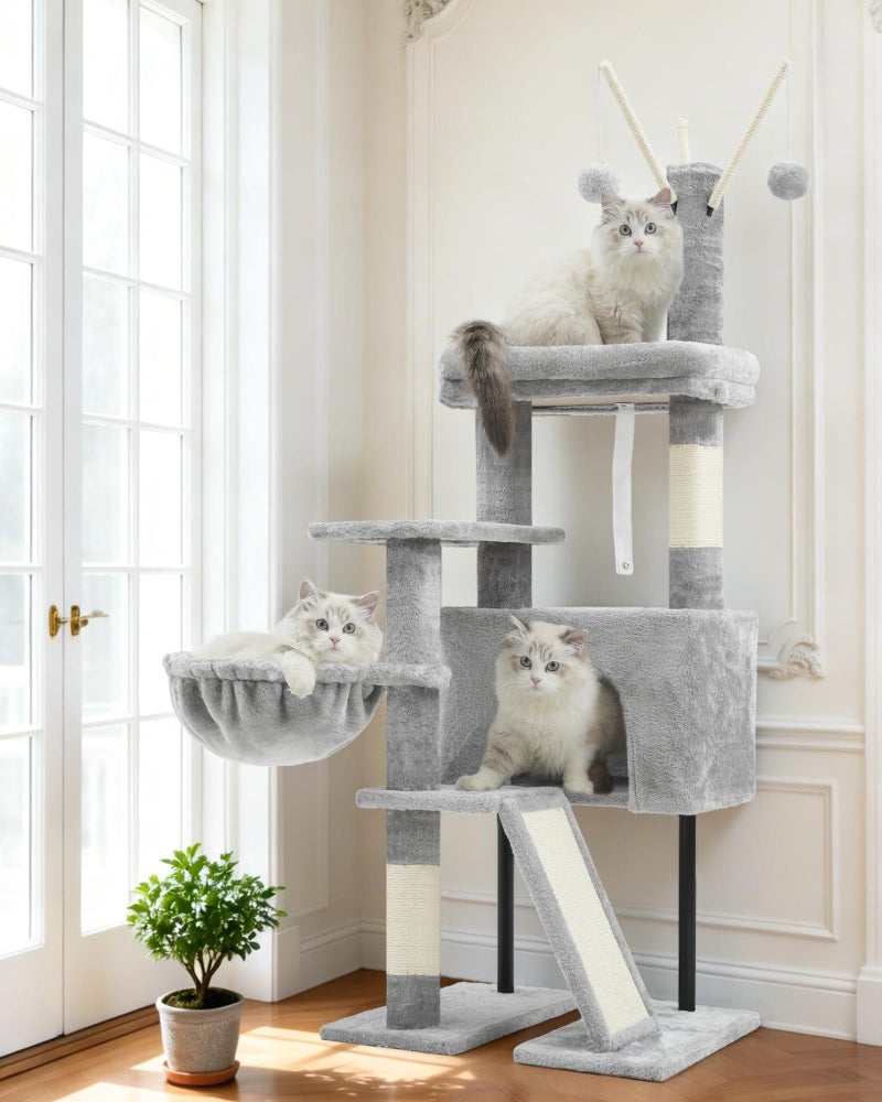 Gitelsnour Cat Tree for Indoor Cats, Cat Tower with Scratching Post for Small Cats and Kittens, Cat House with Removable Top Platform and Fluffy Balls, Hanging Cat Basket, Light Gray GCT006SW - Image 1