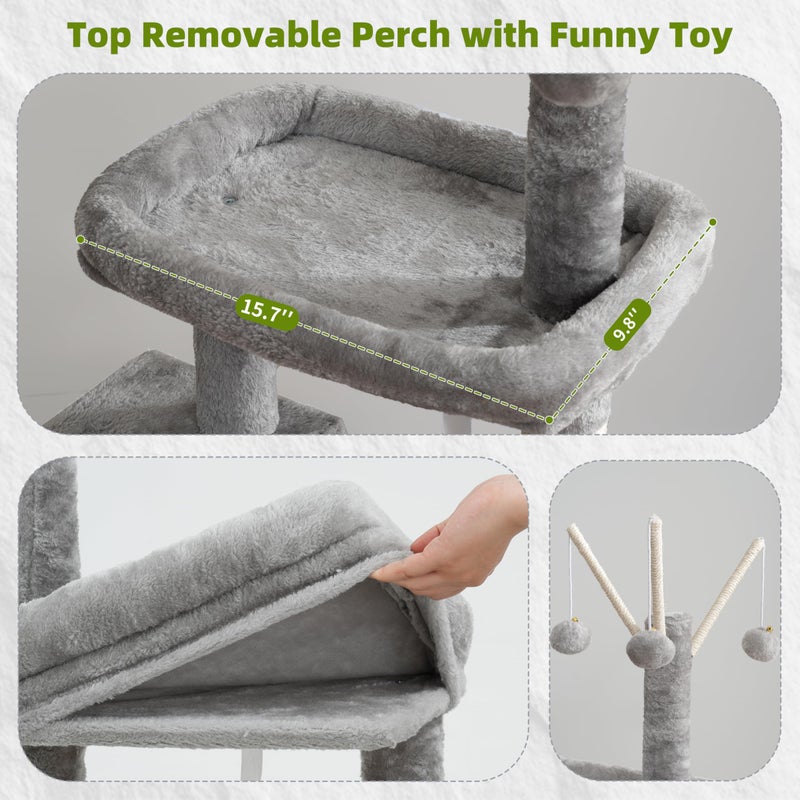 Gitelsnour Cat Tree for Indoor Cats, Cat Tower with Scratching Post for Small Cats and Kittens, Cat House with Removable Top Platform and Fluffy Balls, Hanging Cat Basket, Light Gray GCT006SW - Image 2