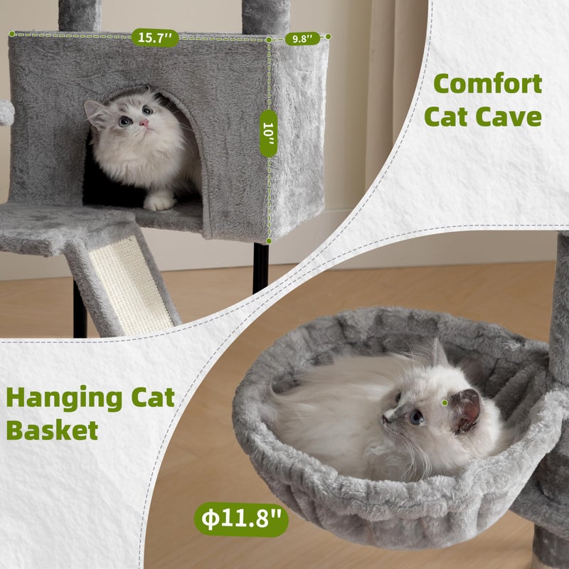 Gitelsnour Cat Tree for Indoor Cats, Cat Tower with Scratching Post for Small Cats and Kittens, Cat House with Removable Top Platform and Fluffy Balls, Hanging Cat Basket, Light Gray GCT006SW - Image 3