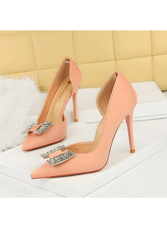 بيج تري المضخات النسائية مغلقة أشارت إصبع القدم الكعب العالي الحزب اللباس الأحذية الوردي الشاحب 10CM - Image 1