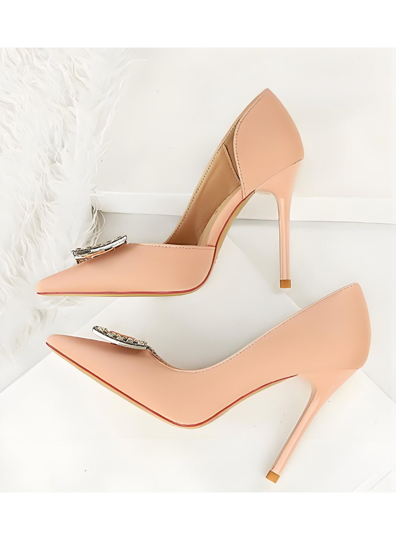 بيج تري المضخات النسائية مغلقة أشارت إصبع القدم الكعب العالي الحزب اللباس الأحذية الوردي الشاحب 10CM - Image 3