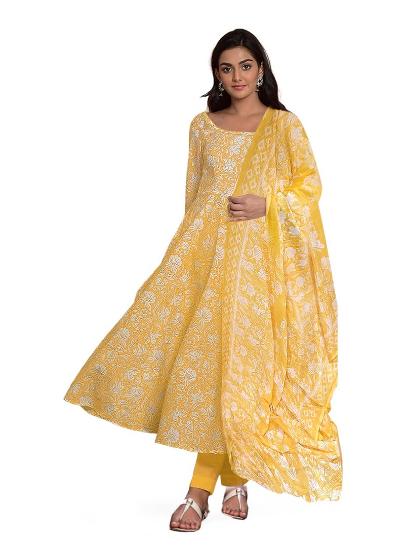 Tee Projekt Women's Cotton Blend Floral Printed Anarkali Kurta Pant with Dupatta Set ll Round Neck Yellow - Image 4