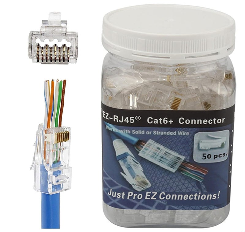 PETECHTOOL RJ45 Cat6A Cat6 Pass Through Connectors 50Pack 23AWG End Bold Ethernet 8P8C Gold Plated Modular Plug for Unshielded Twisted Pair Solid Wire Standard Cables - Image 1