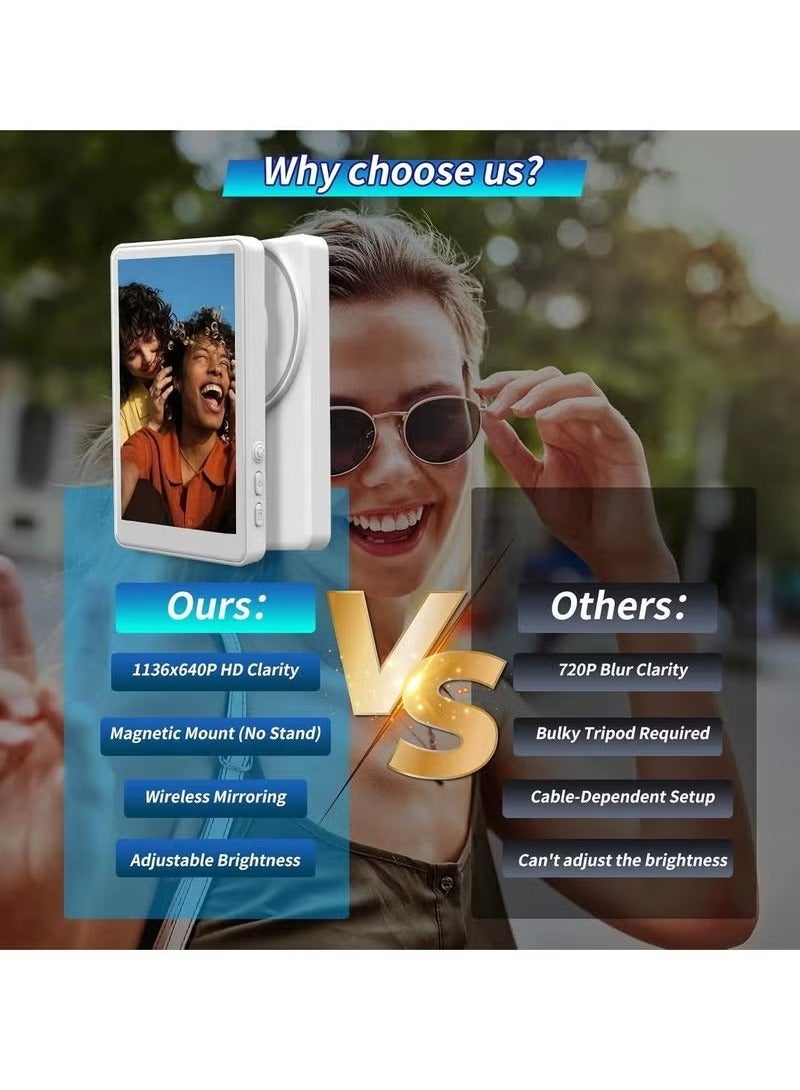 2025 Magnetic Wireless Phone Selfie Monitor – 4" Bluetooth Vlog Screen with Real-Time Rear Camera Sync, Remote Control & Anti-Slip Silicone Gel + ABS Magnetic Mount – Compatible with iPhone & Android for Pro Selfies, YouTube, TikTok (White) - Image 2