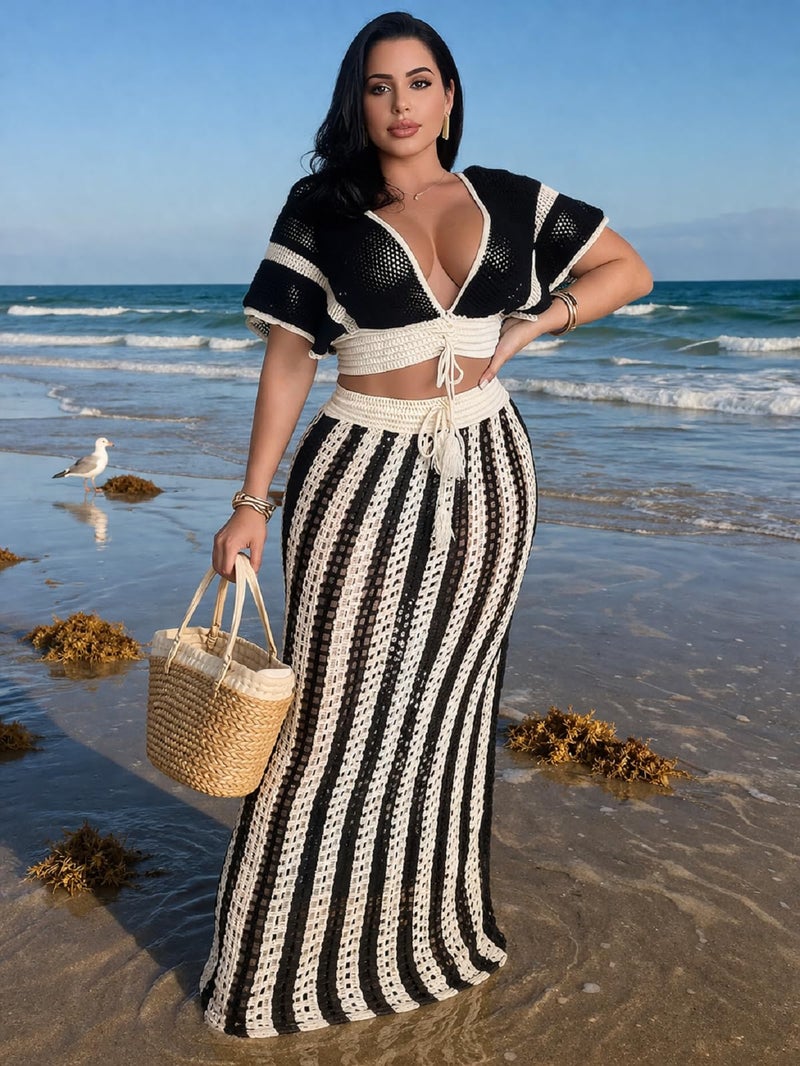 KANSOON Crochet Skirt Sets Women 2 Piece Outfits Sexy Beach Outfit Vacation Cruise Resort Wear Striped Maxi Skirt Set - Image 4