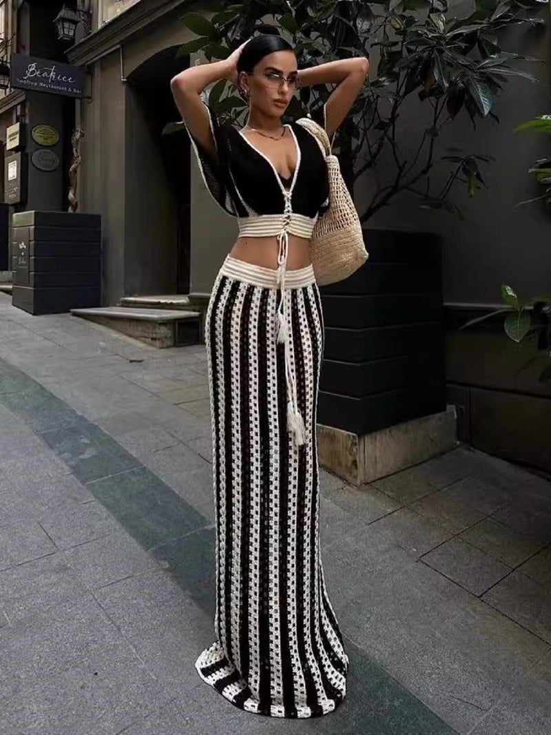KANSOON Crochet Skirt Sets Women 2 Piece Outfits Sexy Beach Outfit Vacation Cruise Resort Wear Striped Maxi Skirt Set - Image 5