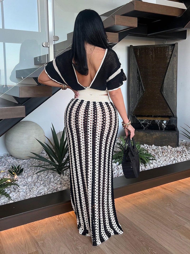 KANSOON Crochet Skirt Sets Women 2 Piece Outfits Sexy Beach Outfit Vacation Cruise Resort Wear Striped Maxi Skirt Set - Image 3