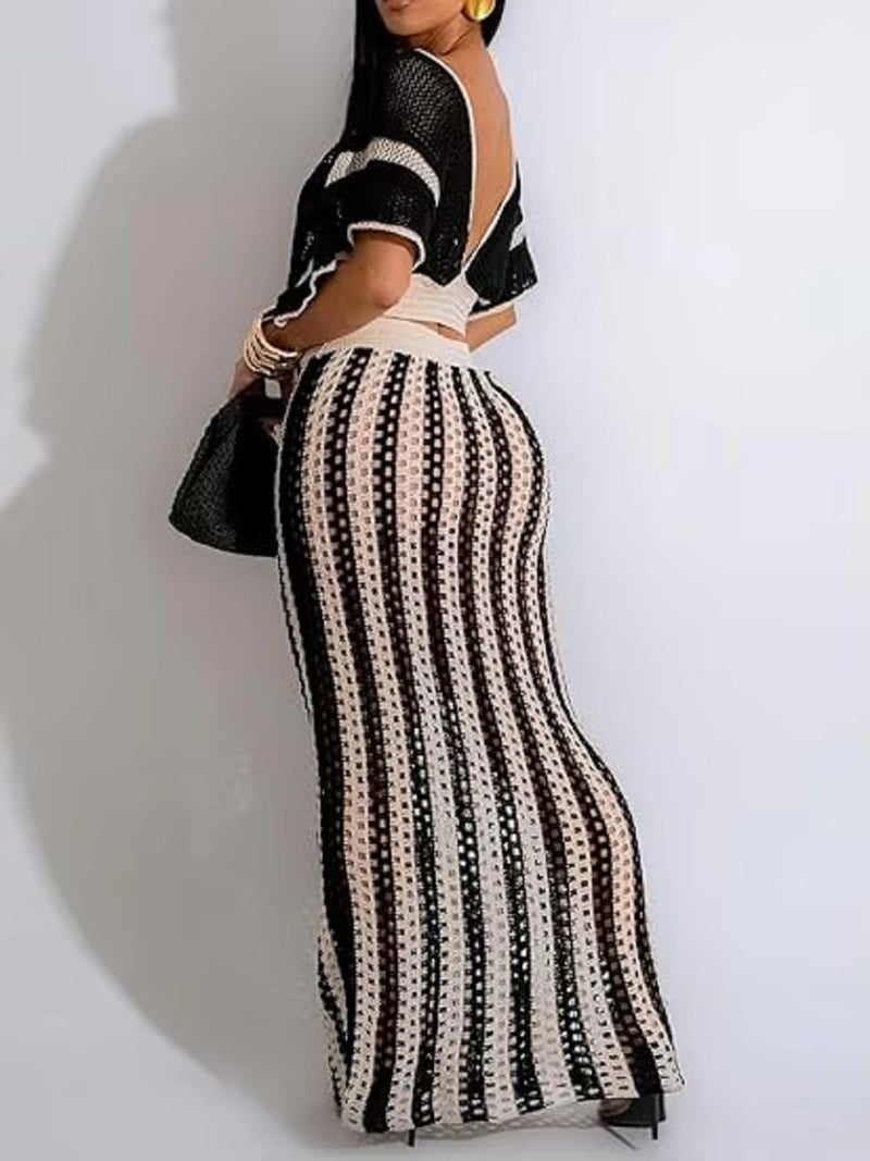KANSOON Crochet Skirt Sets Women 2 Piece Outfits Sexy Beach Outfit Vacation Cruise Resort Wear Striped Maxi Skirt Set - Image 2