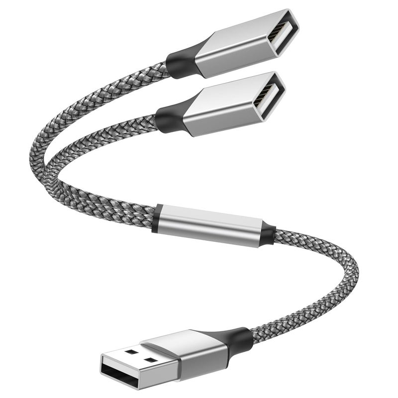 POHFP BETU USB Splitter 1 in 2 Out Y Cable, 1Ft/ 30cm Male to Two Female Extension Cord, Dual USB Port for PC/MacBook/Keyboard/PS4/PS5/Flash Drive/Laptop/LED Etc.(Silver) - Image 1
