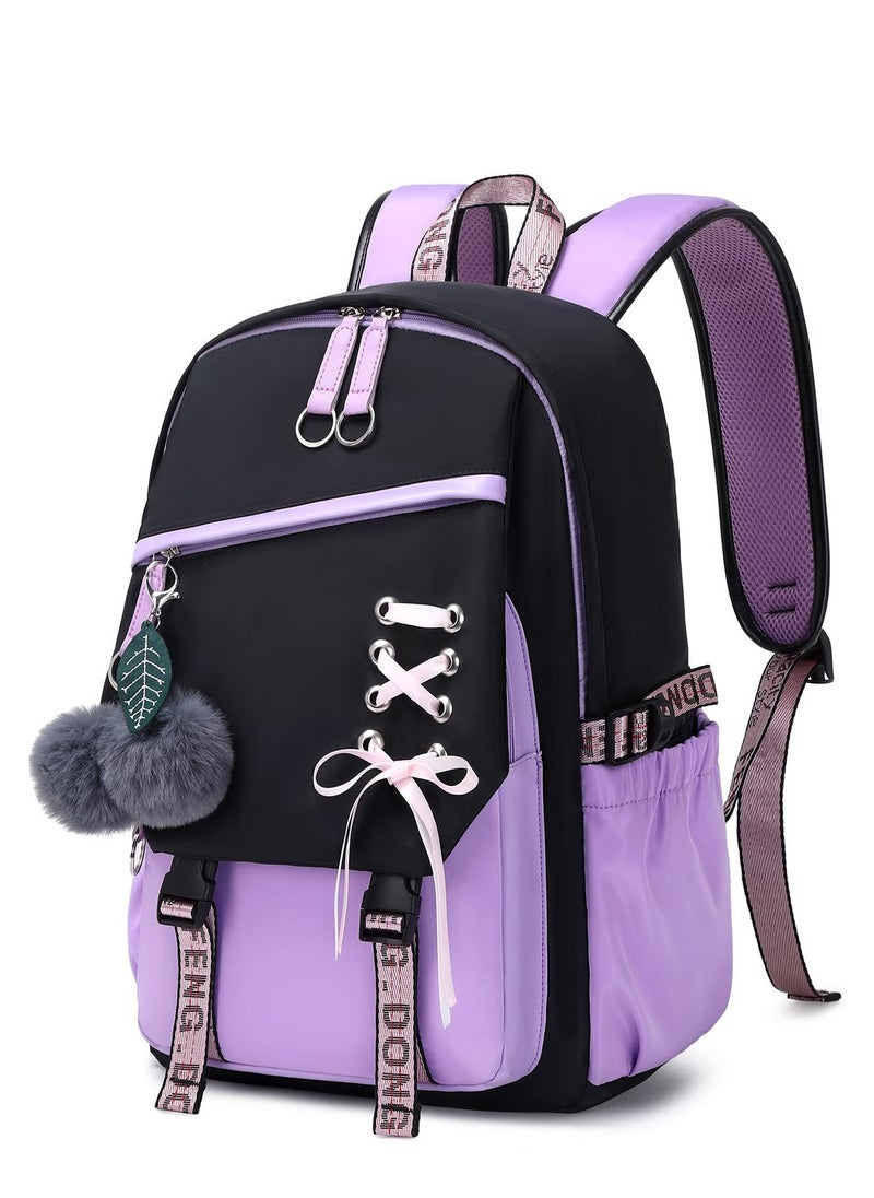 SYOSI - Teenage Girls Bookbag School Backpack Children Casual Daypack Schoolbag for Teens Black Purple - Image 1