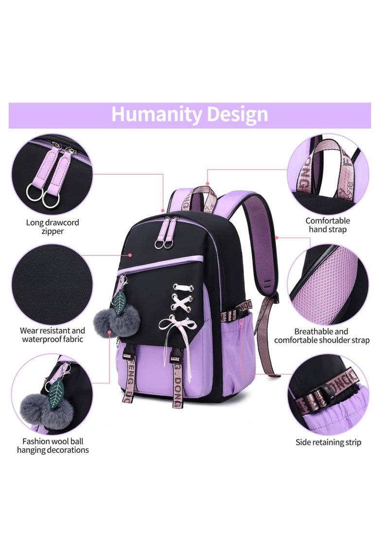 SYOSI - Teenage Girls Bookbag School Backpack Children Casual Daypack Schoolbag for Teens Black Purple - Image 1