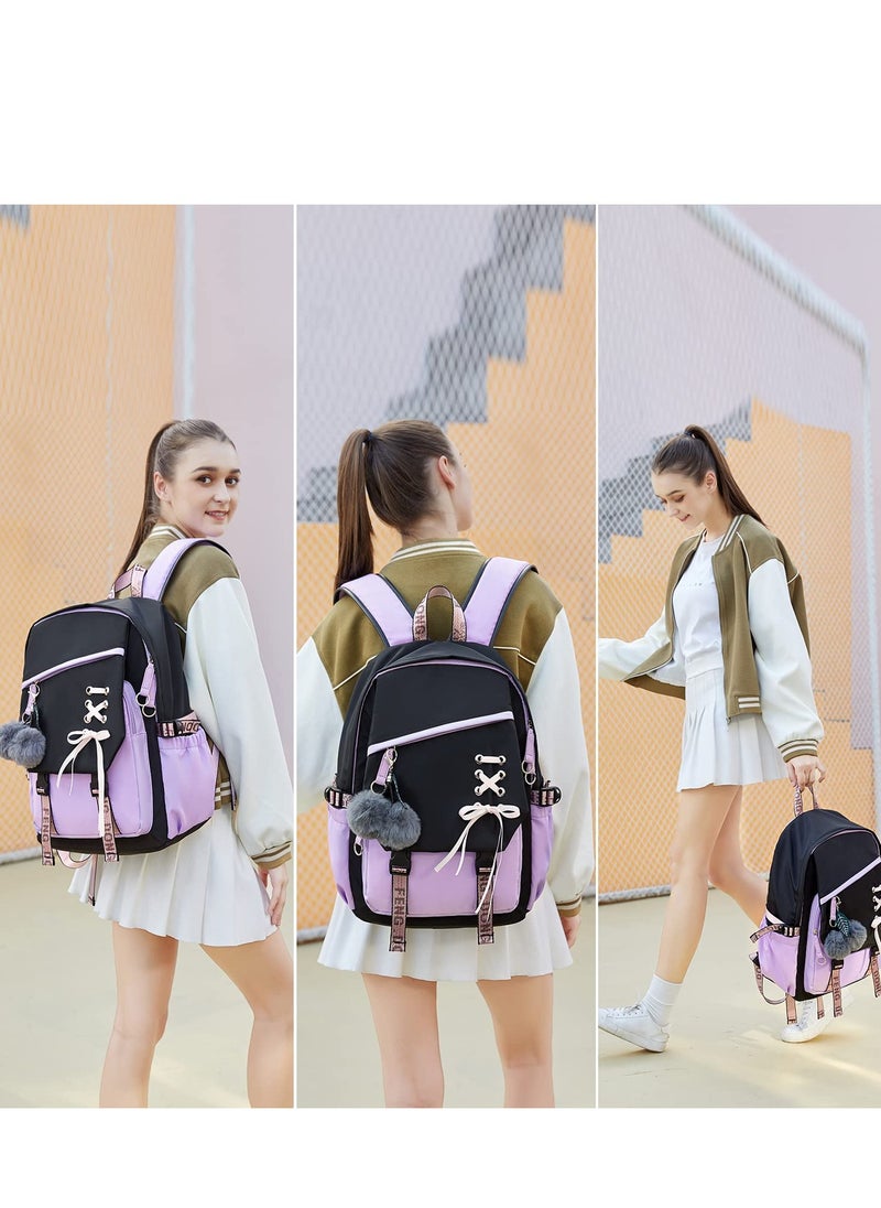 SYOSI - Teenage Girls Bookbag School Backpack Children Casual Daypack Schoolbag for Teens Black Purple - Image 1