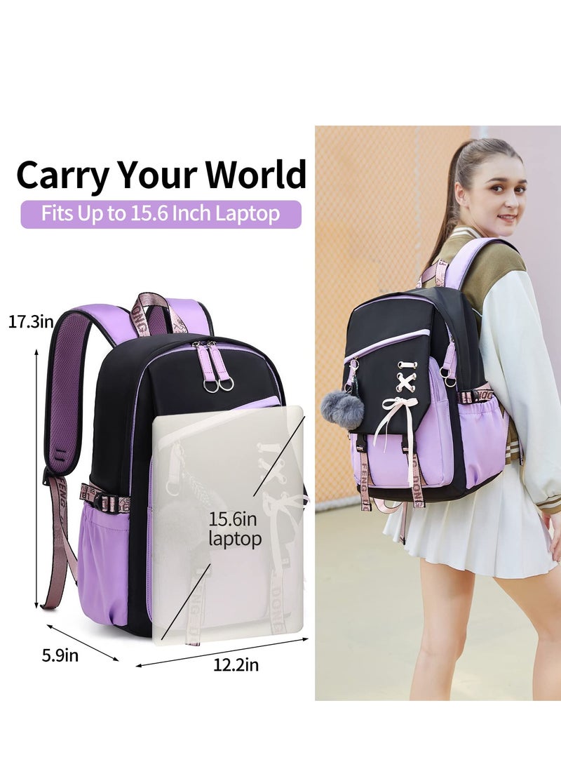 SYOSI - Teenage Girls Bookbag School Backpack Children Casual Daypack Schoolbag for Teens Black Purple - Image 1