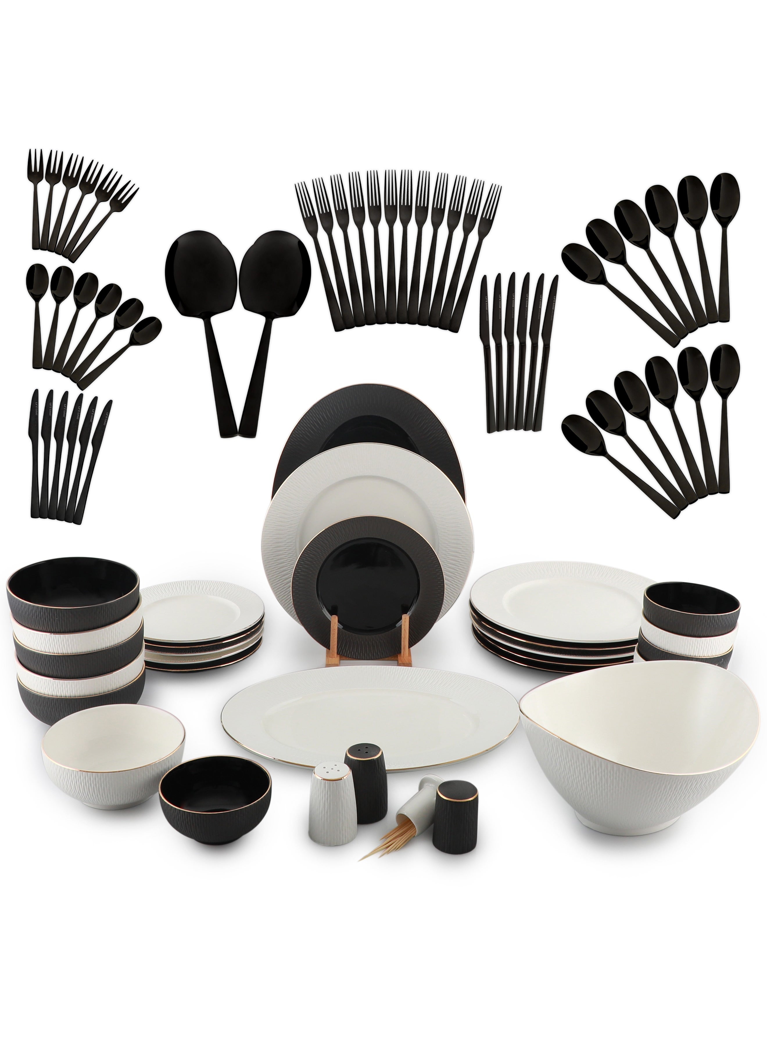 Life Smile 80-Piece Tableware Set, Include 30 Pieces Fine Porcelain Dinner Set & 50 Pieces 18/10 Stainless Steel Cutlery Set-Dishwasher Safe 