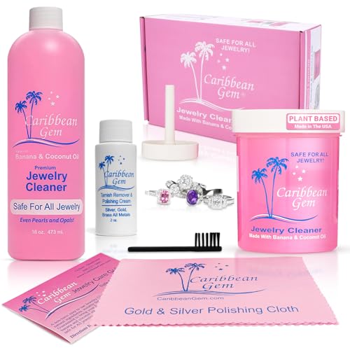 Caribbean Gem Jewelry Cleaner 16oz & 8oz, Basket, Brush, Polishing Cream & Polishing Cloth - Jewelry Cleaning Kit for All Gold, Silver, Diamonds, Rings, Necklaces, Gems, Precious Stones & Metals - Image 1