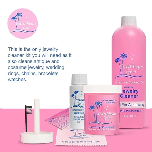 Caribbean Gem Jewelry Cleaner 16oz & 8oz, Basket, Brush, Polishing Cream & Polishing Cloth - Jewelry Cleaning Kit for All Gold, Silver, Diamonds, Rings, Necklaces, Gems, Precious Stones & Metals - Image 4