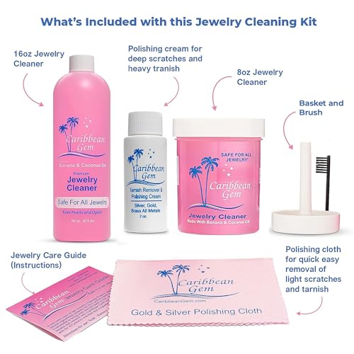 Caribbean Gem Jewelry Cleaner 16oz & 8oz, Basket, Brush, Polishing Cream & Polishing Cloth - Jewelry Cleaning Kit for All Gold, Silver, Diamonds, Rings, Necklaces, Gems, Precious Stones & Metals - Image 2