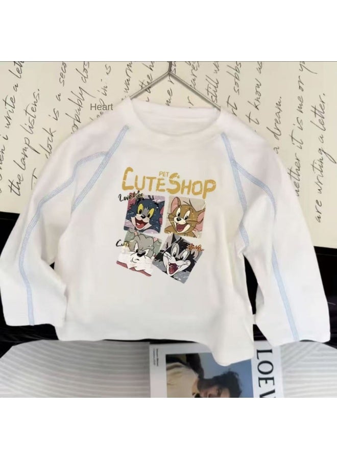 Children's Pure Cotton Round Neck Long-sleeved Boy's Spring & Fall Baby White New Simple Medium And Large Boy's Loose Bottoming Shirt