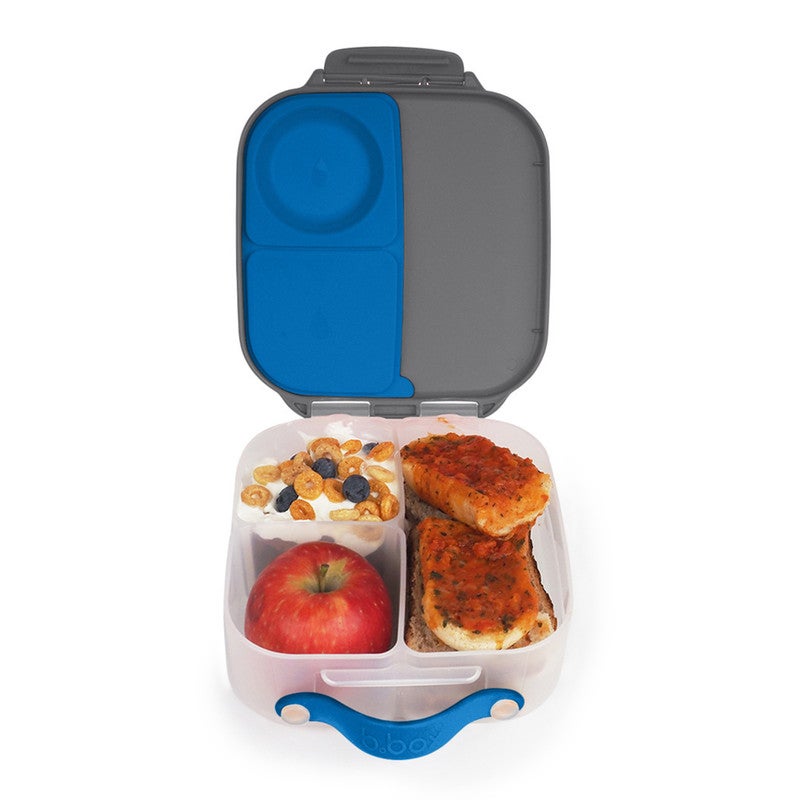 b.box صندوق الغداء "ليس صغيرًا جدًا" للأطفال | أقسام مانعة للتسرب | سعة 33.8 أونصة سائلة | حامل فواكه كاملة | خالي من BPA | تصميم سهل الفتح - أزرق رمادي - Image 1