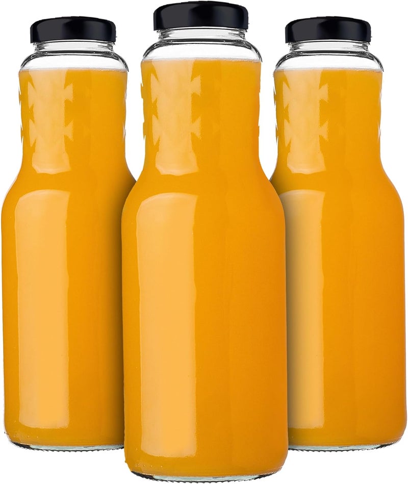 KADAX Glass Bottles 1 L, Pack of 3, Juice Bottles with Screw Cap fi53 mm, Empty Bottles for Preserving & Filling, Preserving Bottles for Juice, Wide Mouth Bottle (Black) - Image 1