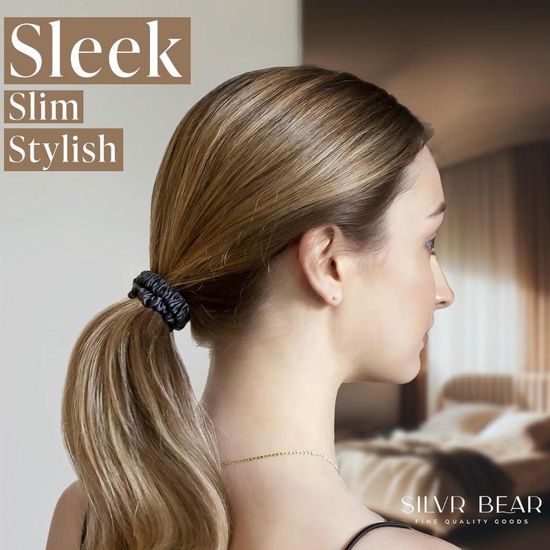 SILVR BEAR Luxury Black Skinny Satin Scrunchies for Women | Pack of 6 | Anti-Hair-Breakage, Stylish Scrunchy for Girls, Women, Hair Ties | Best gift for Sister, Friend, Mom | Black Color (Skinny) - Image 3