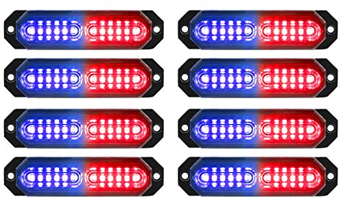 ASPL 8pcs Sync Feature Ultra Slim 12-LED Surface Mount Flashing Strobe Lights for Truck Car Vehicle LED Mini Grille Light Head Emergency Beacon Hazard Warning lights (Red/Blue) - Image 1