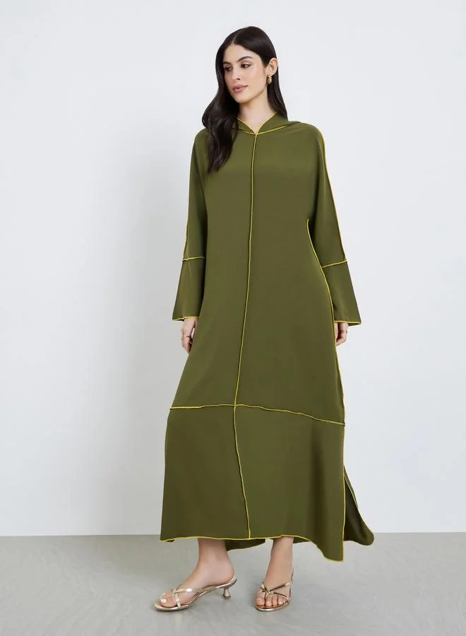 Styli Women Khaki Maxi Jalabiya with Contrast Trim