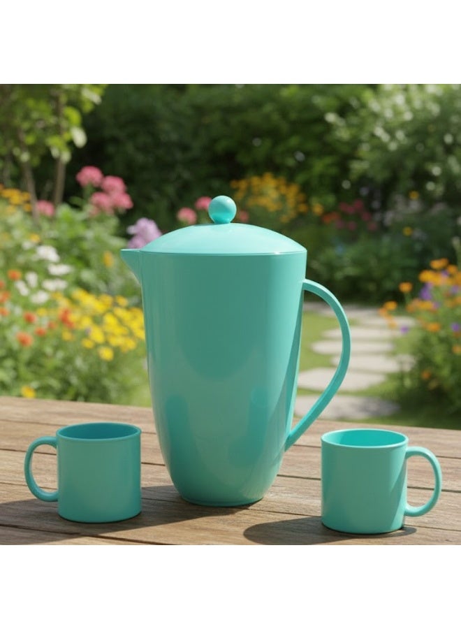 فافيلا إبريق ماء وعصائر من البلاستيك مع كوبين، طقم أدوات شرب صحية ، آمن للاستخدام في الثلاجة وغسالة الصحون، سعة 2.6 لتر، مزود بمقبض متين، غطاء ثنائي الاتجاه وكوبين للتقديم. - Image 3