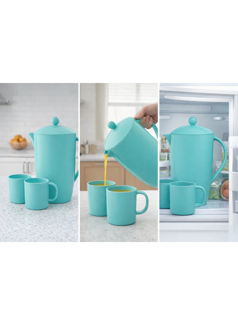 فافيلا إبريق ماء وعصائر من البلاستيك مع كوبين، طقم أدوات شرب صحية ، آمن للاستخدام في الثلاجة وغسالة الصحون، سعة 2.6 لتر، مزود بمقبض متين، غطاء ثنائي الاتجاه وكوبين للتقديم. - Image 5