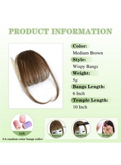 NAYOO 100% Human Hair Bangs Clip In Hair Extensions Medium Brown Clip On Bangs Wispy Bangs Fringe With Temples Hairpieces For Women Curved Bangs For Daily Wear  - Image 2