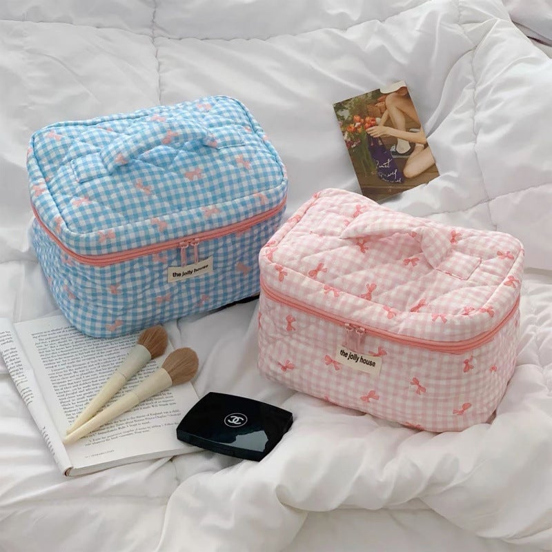 Plaid Bow Cosmetic Bag Large Capacity Sweet Student Quilted Storage Bag Portable Soft Handbag Toiletry Bag - Image 2