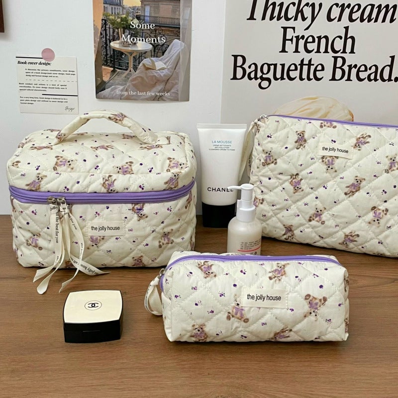 Plaid Bow Cosmetic Bag Large Capacity Sweet Student Quilted Storage Bag Portable Soft Handbag Toiletry Bag - Image 1